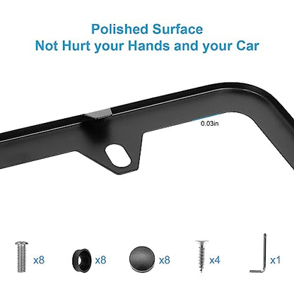 License Plate Frames Black, 2Pcs 4 Holes License Plate Holders, Stainless Steel License Plate Frame, Car License Plate Covers for US Vehicles