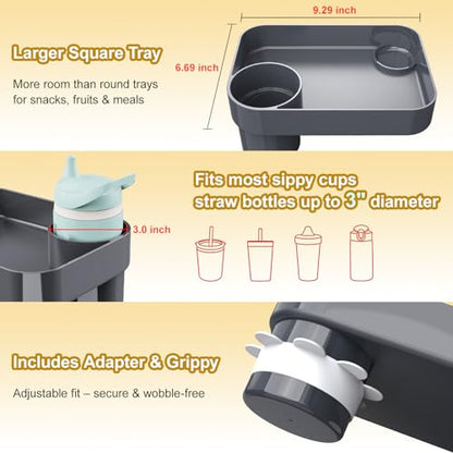 Car Seat Snack Tray for Toddlers - 3 Inch Cup Holder Fits Most Sippy Cups & Straw Bottles with Dip Well, Mess-Free Square Kids Travel Tray Road Trip Essentials, Dark Grey - color: Dark Grey