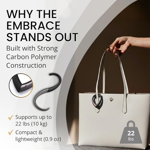 EMBRACE Purse Hook Hanger – Lightweight, Durable Teardrop S Hooks | Bag Clip Holds 22 lb Bags, Backpacks | Purse Charms for Women, Men | Caviar & Teak Colour - color: caviar/teak