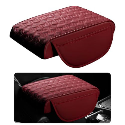 Car Armrest Cushion, 12.2"×8.3" Leather Auto Memory Foam Center Console Pad with Storage Pocket, Waterproof & Anti-Scratch Elbow Pillow Armrest Seat Box Protector, Universal Fit (Red) - color: Red