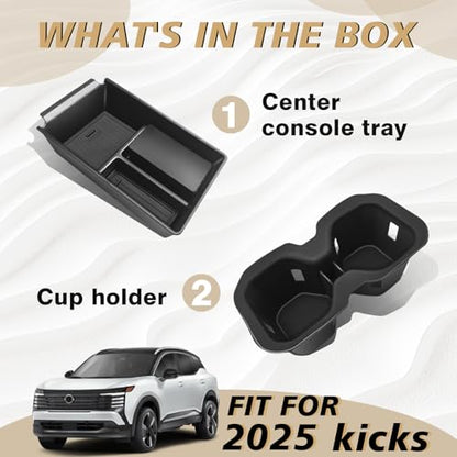 Muslogy Center Console Organizer & Cup Holder Insert 2PCS Set Compatible with 2025 2026 Nissan Kicks Accessories Armrest Box Divider Storage Tray and Drink Stopper Non-Slip (Console Tray & CupHolder) - size: Console Tray & CupHolder