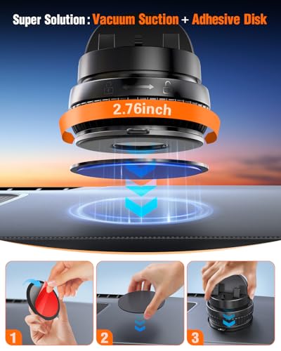 pop-tech Car Suction Dashboard Phone Holder:【360° Rotating & 30° Adjustable】 Vacuum Suction Cup Cell Phone Mount with Anti-Slip Spring Snap, Vehicle Dash Mobile Stand for iPhone Samsung, GPS Device