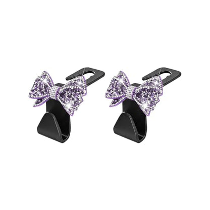 Zpana Bling Car Headreat Hook, 2PCS Crystal Rhinestone Cute Bow Vehicle Seat Back Hanger Storage for Purses Bags Grocery, Diamond Auto Rear Seat Organizer, Universal for SUV Truck Sedan (Purple) - style: Purple/2PCS