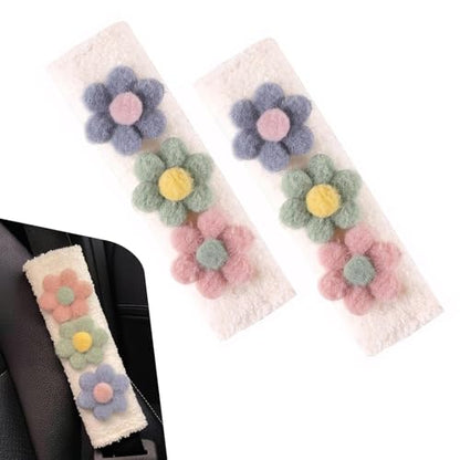 2 PCS Car Seat Belt Cover, Cute Flower Seat Strap Pads, 9.4" x 2.5" Soft Plush Safety Seatbelt Cushion, Universal Flower Car Accessories for Adults and Kids (Purple)