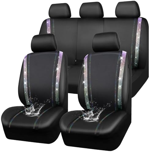 CAR PASS Bling Diamond Car Seat Covers Full Set, Shining Rhinestone Waterproof Faux Leather, Rear with Zipper, Universal Fit Automotive Glitter Crystal Sparkle Strips for Cute Women Girl,Muticolor - color: Multicolor Diamond, size: Full Set