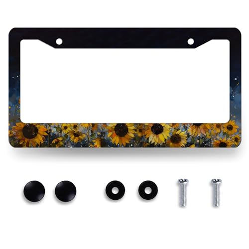 Sunflower License Plate Frame Yellow Floral License Plate Holder Colorful Stainless Steel Sunflowers Car Accessory Funny License Plate Women Decoration Size 12.2" x 6.2" with Screws - color: sunflowers oil painting