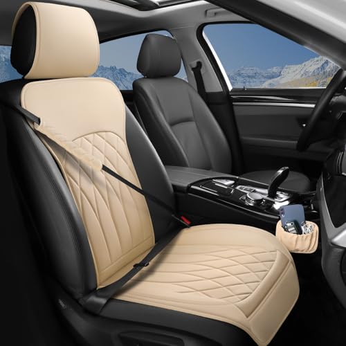 1 Pack Leather Front Car Seat Cover, Universal Sideless Car Seat Protector with Storage Pocket and Seat Belt Pad, Waterproof Automotive Seat Cover Cars Trucks SUV(Beige) - color: front 1pcs beige