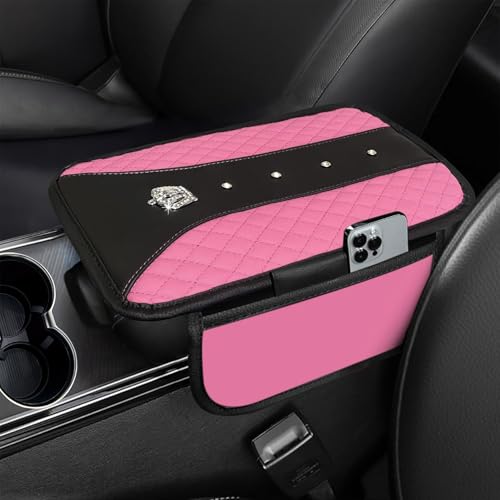 NBTEPEM Bling Crown Car Center Console Armrest Cover, Leather Middle Console Cover Cushion with 2 Storage Bags, Car Armrest Storage Box Interior Accessories for Most Vehicles(Pink) - color: Pink