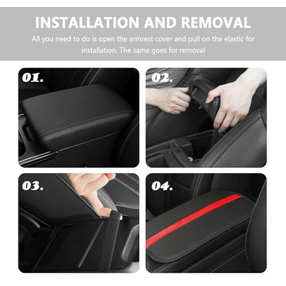Leather Car Center Console Cover,Striped Patchwork Car Armrest Cover for Protecting Car Armrest Box & Car Decorations,Universal Car Accessories Interior Fits Cars,SUVs,Trucks (Black/Red)