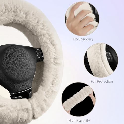 Road Comforts Steering Wheel Cover, Fluffy Car Wheel Covers for Women/Girls/Ladies，Soft Wool Fur Steering Wheel Protector, Universal 14 1/2 inches to 15 inches - White - color: White