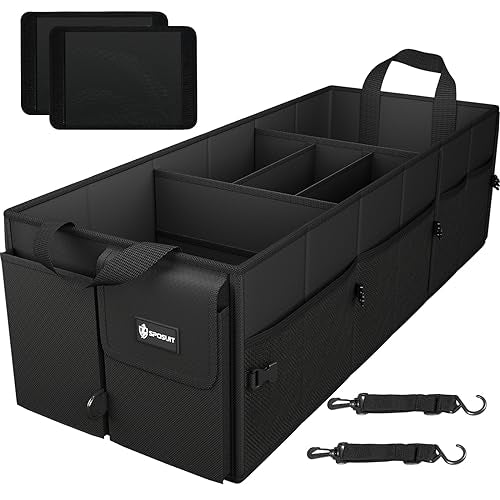 Sposuit Extra Large Trunk Organizer 98L Collapsible Car Storage Trunk Organizer with Removable Dividers & Adjustable Securing Straps for Car SUV Van - color: Black, size: Large Trunk Organizer