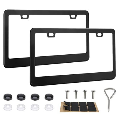 2PCS Black Stainless Steel License Plate Frames with 2 Holes, Metal Car License Plate Cover with Screw Caps, Slim Edge Universal Fit for Cars, Trucks, SUVs, and RVs - color: Black, size: 2 Holes