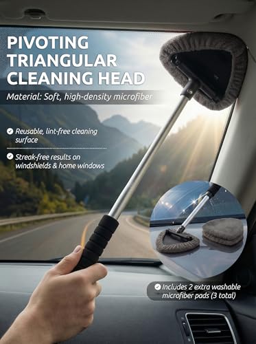TAKAVU Car Window Cleaning Tool, Windshield Wiper Cleaner with Extendable Long-Reach Handle, 3 Washable Reusable Microfiber Bonnets, Car & Home Inside Interior Exterior Use - Lint Free (Grey) - color: Black & Grey