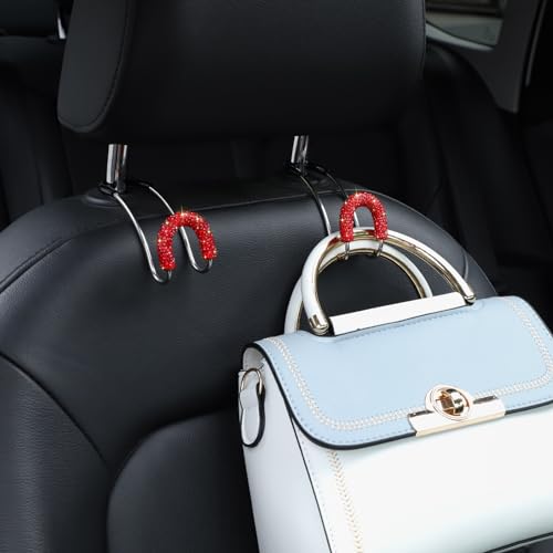 Soleebee 2 Pack Bling Car Headrest Hooks Crystal Rhinestones Universal Car Seat Hook Auto Hook Durable Car Back Seat Hangers Storage Organizer (Red) - color: Red