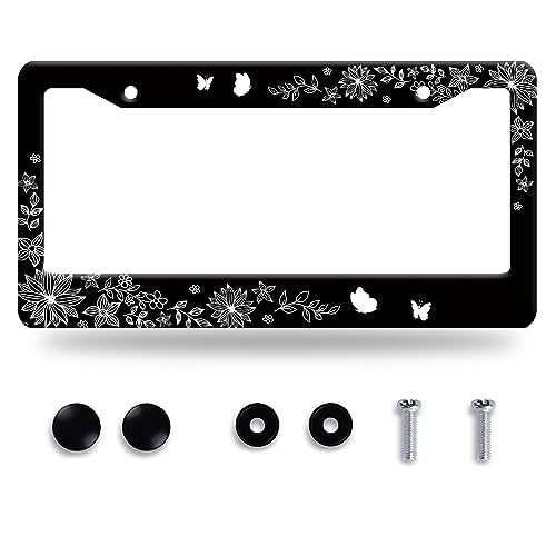 Flowers and Butterflies License Plate Frame Floral License Plate Stainless Steel Auto Parts Funny License Plate Decorative with Screws Size 12.3" x 6.3" for Men Women - color: Flowers and butterflies