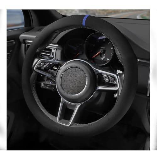 Suede Steering Wheel Cover with Upgraded Silicone Inner Ring, Breathable, Anti-Slip, Leather Universal 14.5 to 15 Inch Steering Wheel Cover (Black with Blue Mark) - style: Black with Blue Mark