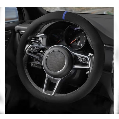 Suede Steering Wheel Cover with Upgraded Silicone Inner Ring, Breathable, Anti-Slip, Leather Universal 14.5 to 15 Inch Steering Wheel Cover (Black with Blue Mark) - style: Black with Blue Mark
