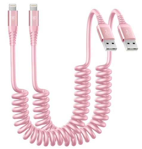 iPhone Charger Cable for Car 3FT, 2Pack Coiled Coiled Lightning Cable [Apple MFi Certified] iPhone Cable Compatible with iPhone14/13/12/11 Pro Max/XS MAX/XR/XS/X/8/7/Plus-Pink - color: Pink, size: 3ft, style: USB A to Lightning
