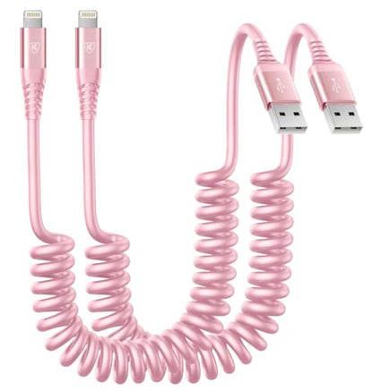 iPhone Charger Cable for Car 3FT, 2Pack Coiled Coiled Lightning Cable [Apple MFi Certified] iPhone Cable Compatible with iPhone14/13/12/11 Pro Max/XS MAX/XR/XS/X/8/7/Plus-Pink - color: Pink, size: 3ft, style: USB A to Lightning