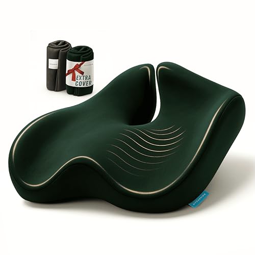 Orthopedic Coccyx Cushion for Tailbone Pain Relief, Sciatica and Back Pain - XL Memory Foam Seat Cushions for Office Chairs, Car, Gaming - Ergonomic Cushion with Removable Spare Cover (Green) - color: Green & Dark Gray