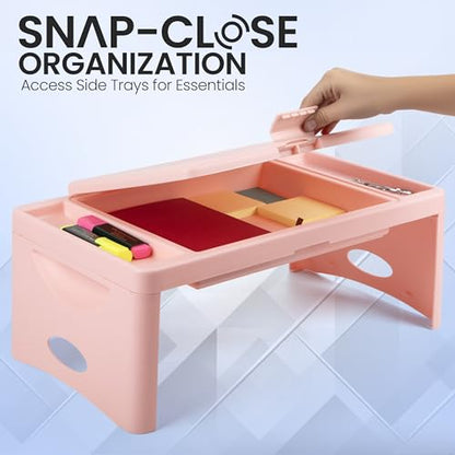 Loddie Doddie Folding Lap Desk - Blush, Plastic & Steel - Sturdy Car Seat Tray for Kids Travel - Lap Desk with Storage Pocket & Accessory Trays - Fits Most Laptops as Laptop Bed Table - color: Blush