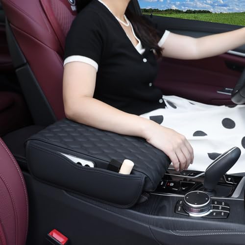Einesin Center Console Cover, Arm Rest Cover, Memory Foam Microfiber Leather Car Armrest Cover Cushion with 2 Storage Bags, Universal Center Console Covers for Cars/Truck/Auto/SUV (Black) - color: black