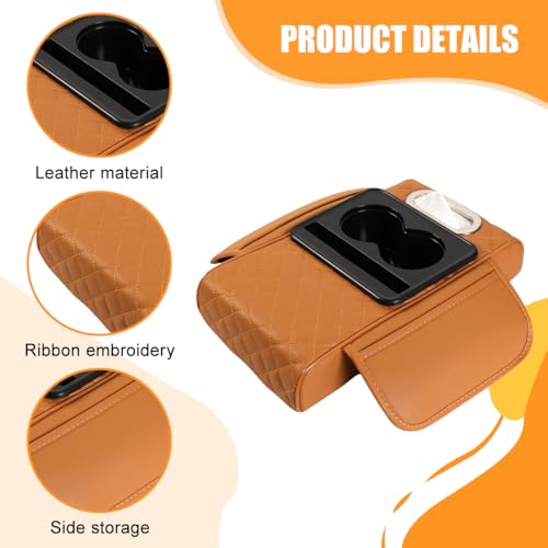 Car Armrest Cushion, 5-in-1 Nappa Leather Vehicle Centre Console Cover with 2 Storage Pockets, Cup Phone & Phone Holder, Multifunctional Auto Organiser Accessories, Universal Fit (Yellow) - color: Yellow