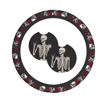 Skull Rose Steering Wheel Cover with 2 Car Coasters Non Slip Neoprene for Women Men Universal 15 Inch - color: Skull Rose