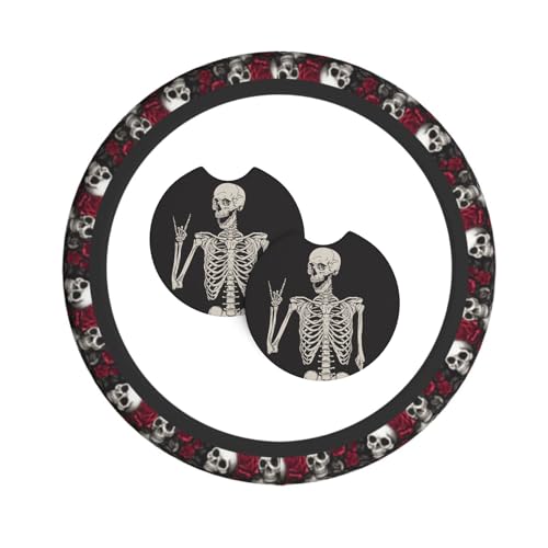 Skull Rose Steering Wheel Cover with 2 Car Coasters Non Slip Neoprene for Women Men Universal 15 Inch - color: Skull Rose