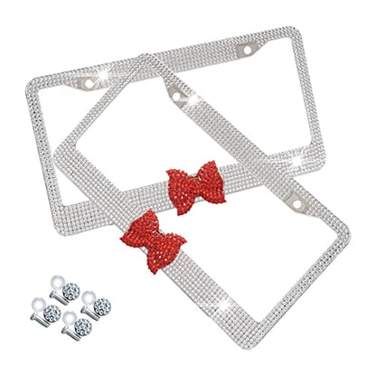 AUCELI Bling License Plate Frame, 2 Pack Stainless Steel Crystal Bow Car Plate Covers, US Vehicle License Bracket Holder with Rhinestone Mounting Bolts, Sparkly Car Accessories for Women (White/Red) - color: White/Red