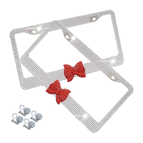 AUCELI Bling License Plate Frame, 2 Pack Stainless Steel Crystal Bow Car Plate Covers, US Vehicle License Bracket Holder with Rhinestone Mounting Bolts, Sparkly Car Accessories for Women (White/Red) - color: White/Red