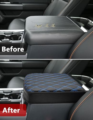 Center Console Armrest Cover for Ford F250 F350 F450 F550 Super Duty 2023 2024 2025 2026, Bucket Seat Console, Arm Rest Lid Box Cushion Pad, Anti-scratch, Black-Blue stitch - size: Bucket Seat, 23-26 F250-F550, Blue Stitch