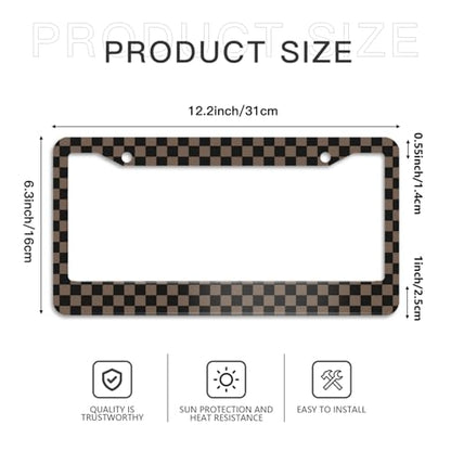 Checkered Brown License Plate Frame 2pc Checkered Brown Black License Plate Frame Checkereds Steering Wheel Cover Steering Wheel Cover Cars Aluminum with Fits Standard Us Ca Vehicles - color: Checkered Brown