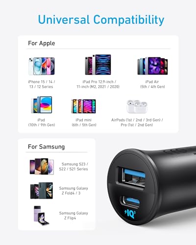 Anker USB-C Car Charger, 2-Pack 30W 2-Port Type-C Car Adapter, Cigarette Lighter Adapter with Power IQ 3.0,for iPhone 17/16/15/14/13 Series,Samsung Galaxy S25/S24/S23/S22/S21 Series,iPad Pro,AirPods