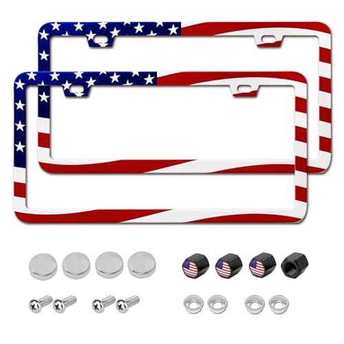 2 Packs License Plate Frame American Flag Printed Aluminum Metal Licence Plate Holder for Car Universal Fit for Men Women - color: Flag Printed