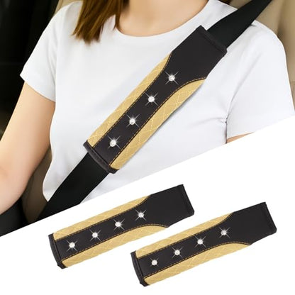 Hovom 2PCS Bling Car Seat Belt Cover Pad, Leather Seatbelt Covers for Cars, Soft Safety Seatbelt Shoulder Strap Covers, Rhinestone Auto Seat Belt Protector Cushion for Women Girls (Beige) - color: Beige