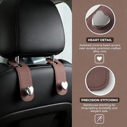 2PCS Car Seat Headrest Hook, Cute Heart Vehicle Backseat Purse Bag Hanger Organizer, Auto Seat Back Storage Holder for Groceries Coats Umbrellas, Universal for Vehicles (Brown)