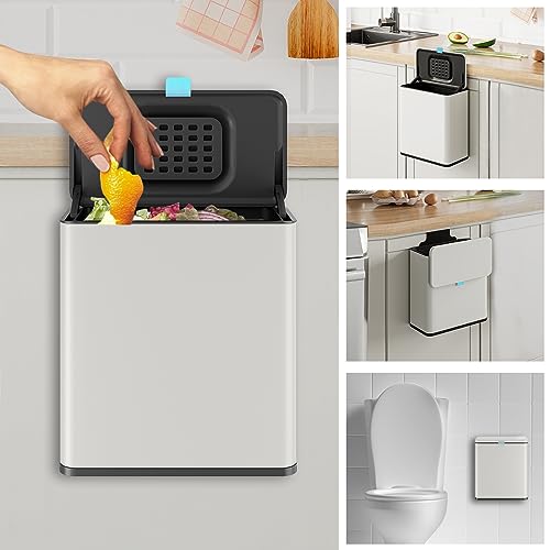 Stainless Steel Hanging Trash Can with Lid and Inner Bucket, 2 Gallon Kitchen Compost Bin for Counter Top, Under Sink or Wall Mount, Small Garbage Can for Cupboard/Bathroom/Bedroom/RV, White - color: White, size: 2 Gallon