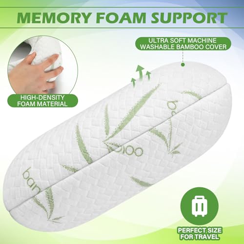 Bamboo Memory Foam Travel Pillow Set for Airplanes Head Support Neck Pillow for Sleeping Travel Headrest for Cars Planes Machine Washable Cover