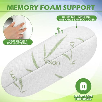 Bamboo Memory Foam Travel Pillow Set for Airplanes Head Support Neck Pillow for Sleeping Travel Headrest for Cars Planes Machine Washable Cover