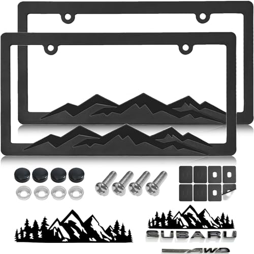Mountain License Plate Frames - 2 Pack Black Plastic Car Tag Frame with 3D Mountain Design, Included Mountain Vinyl Sticker, Screws & Caps - color: Black