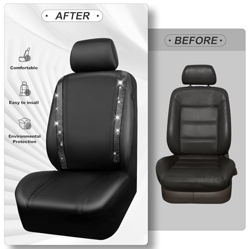 CAR PASS Leather Bling Diamond Car Seat Covers Full Set, Shining Rhinestone Waterproof Durable Rear with Zipper, Universal Fit Automotive Glitter Crystal Sparkle Strip for Cute Women Girly Black - color: Black Diamond, size: Full Set