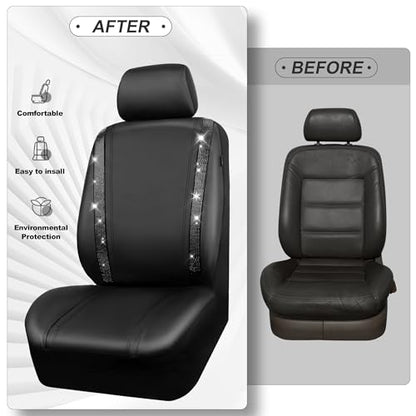 CAR PASS Bling Diamond Car Seat Covers, Shining Rhinestones Waterproof Faux Leather, 7 Seats 3 Rows with Zipper Glitter Crystal Sparkle Strips Universal Fit 95% MPV,SUV,CAR for Women Girl, Black - color: Solid Black Seven Seats, size: Full Set