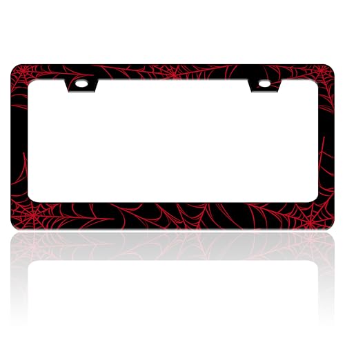 Red Spider Web License Plate Frame Funny Cobweb Stainless Steel License Plate Holder for Front or Rear Car Tags for Car Decoration Accessories with Screws 6.3 X 12.2 in for Women Men - color: Red Spider Web