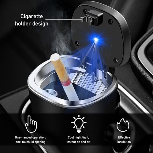 Ohleats Car Ashtray, Detachable Stainless Steel Smokeless Ash Tray with LED Blue Light, Auto Ashtray with Lid Smell Proof Weed for Most Vehicles, Universal Interior Car Accessories