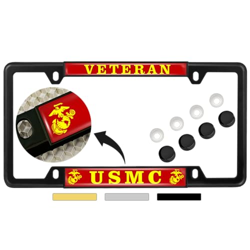 [Officially Licensed US Marine Corps Product] - Veteran USMC with EGA Emblem - Domed Custom-Made Personalized Thin Top 4-Hole Metal Car License Plate Frame with Free caps - Black Frame (Qty: 1) - color: Black - Style 2