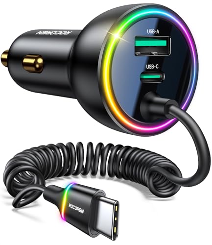 Rocoren 70W Car Charger for iPhone 17 Pro Max, USB C Car Charger Fast Charging with 5.2Ft Type C Coiled Cable, Super Fast USBC Phone Cigarette Lighter Adapter for iPhone 17/16/15, iPad,Samsung,Android - size: 63 inch