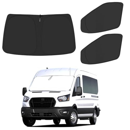 Front Windshield ＆ Side Window Sun Shade for 2015-2024 Fo-rd Transit Van High and Medium Roof, Foldable Window Sunshade Sun Visor Protector, Window Shades Blocks UV Rays Heat, Pack of 3 - size: Silver & Black-fit 2015-2024 Ford Transit