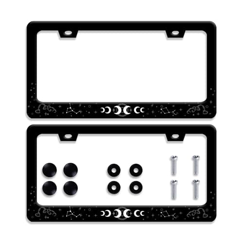 2Pcs Moon Stars License Plate Frame Colorful Galaxy Moon Phase License Plate Funny Stainless Steel Auto Parts Beautiful License Plate Decoration with Screws 12.3" x 6.3" - color: [2Pcs]Moon Phase Galaxy Stars