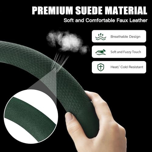 Suede Steering Wheel Cover with Upgraded Silicone Inner Ring, Breathable, Anti-Slip, Leather Universal 14.5 to 15 Inch Steering Wheel Cover (Green with Embossing Pattern) - style: Green with Embossing Pattern